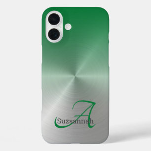 Elegant Monogram Name Green Ombre Faux Metal iPhone 16 Plus Case