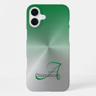 Elegant Monogram Name Green Ombre Faux Metal iPhone 16 Plus Case