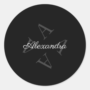 Elegant Monogram Name Grey Black Classic Round Sticker
