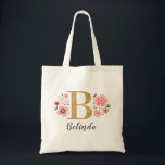 Elegant Monogram Name Initial Gold Floral  Tote Bag<br><div class="desc">A beautiful,  feminine monogrammed pink floral tote bag featuring pink flowers and a faux gold monogram letter "B". Personalize the tote bag by adding your name underneath the monogram. Makes a fun gift for a friend or for a bridesmaid gift. Designed for you by Blackberry Boulevard.</div>