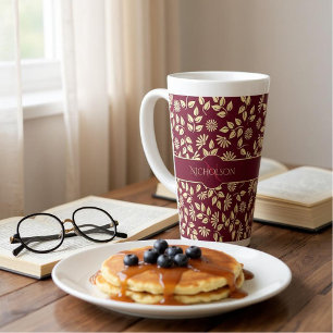 Elegant Monogram Name  Leaf Daisy Pattern Burgundy Latte Mug