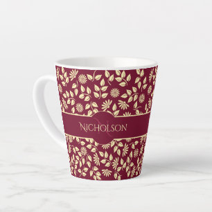 Elegant Monogram Name  Leaf Daisy Pattern Burgundy Latte Mug