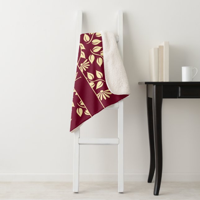Elegant Monogram Name Leaf Daisy Pattern Burgundy Sherpa Blanket (In Situ)