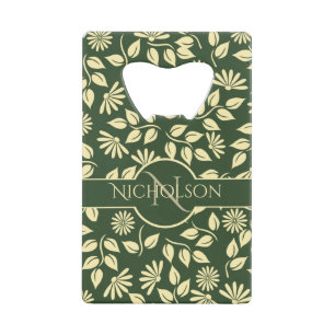 Elegant Monogram Name  Leaf Daisy Pattern Green Credit Card Bottle Opener