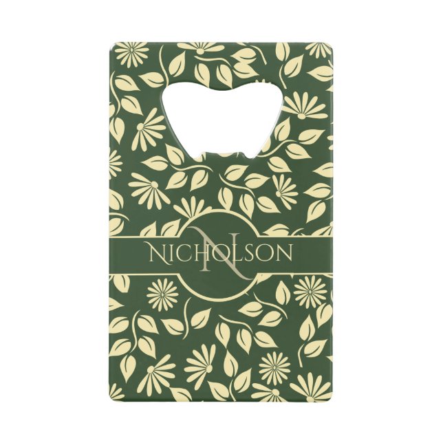 Elegant Monogram Name  Leaf Daisy Pattern Green Credit Card Bottle Opener (Front)