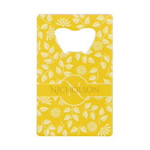 Elegant Monogram Name  Leaf Daisy Pattern Yellow Credit Card Bottle Opener