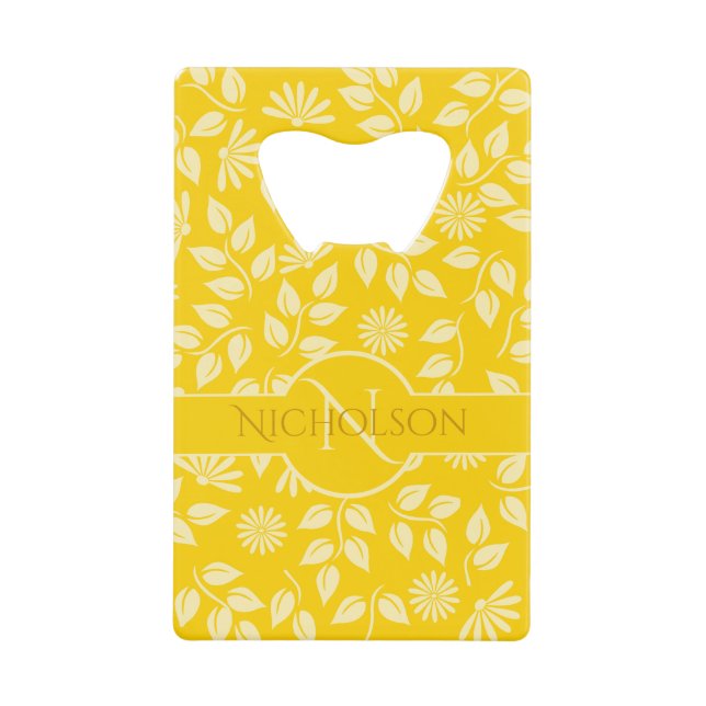 Elegant Monogram Name  Leaf Daisy Pattern Yellow Credit Card Bottle Opener (Front)