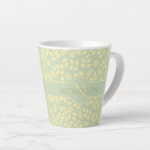 Elegant Monogram Name  Leaf Pattern Pastel Green Latte Mug