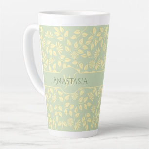 Elegant Monogram Name  Leaf Pattern Pastel Green Latte Mug