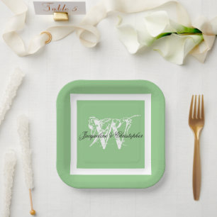 Elegant Monogram Name Modern Chic Soft Mint Green Paper Plate