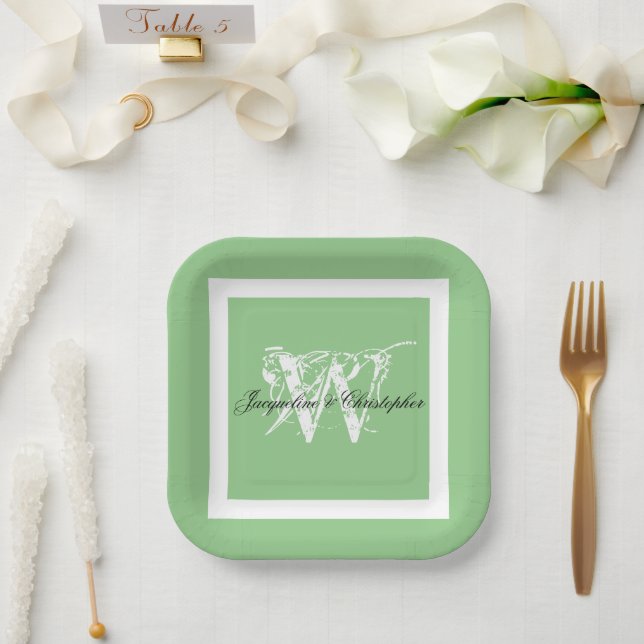 Elegant Monogram Name Modern Chic Soft Mint Green Paper Plate (Wedding)