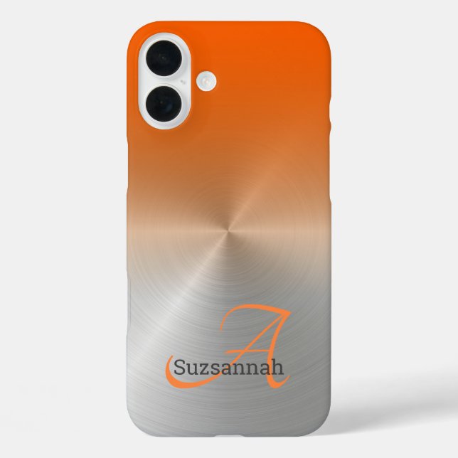 Elegant Monogram Name Orange Ombre Faux Metal Case-Mate iPhone Case (Back)