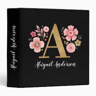 Elegant Monogram Name Pink Black Floral Office Binder