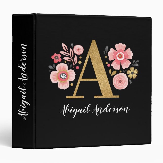 Elegant Monogram Name Pink Black Floral Office Binder (Front/Spine)