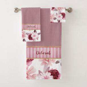 Elegant Monogram Name Pink Burgundy Floral Stripe  Bath Towel Set