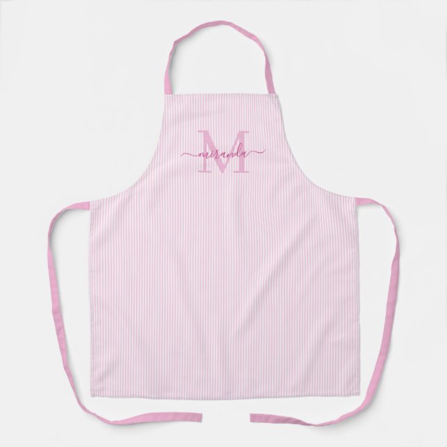 Elegant Monogram Name Pink Stripe Apron (Front)