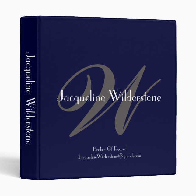  Elegant Monogram + Name Professional Realtor Navy Binder (Front/Spine)