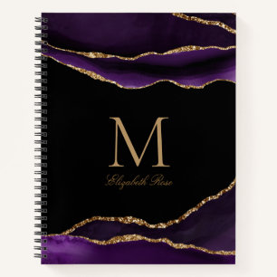 Elegant Monogram Name Purple Agate Gold Black Notebook