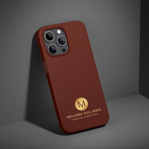 Elegant Monogram Name Red Faux Leather & Gold iPhone 15 Pro Max Case