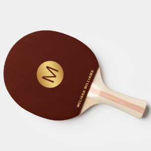 Elegant Monogram Name Red Leather & Gold  Ping Pong Paddle