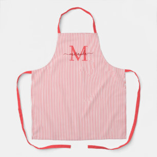 Elegant Monogram Name Red Stripe Apron