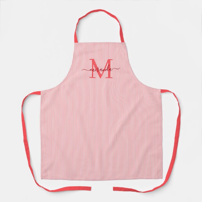 Elegant Monogram Name Red Stripe Apron (Front)
