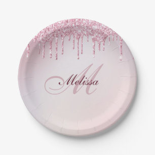 elegant monogram name rose gold glitter  paper plate