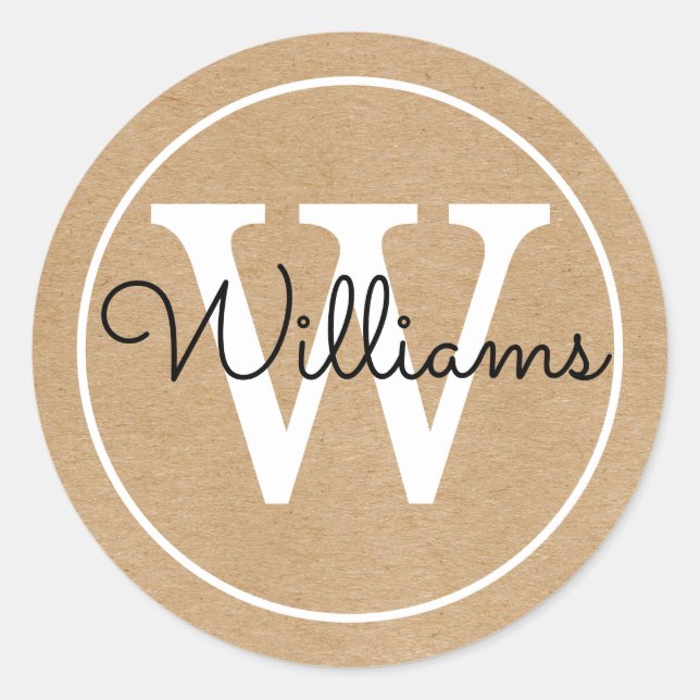 Elegant Monogram Name Rustic Kraft Classic Round Sticker (Front)