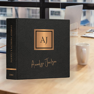 Elegant monogram name script black gold office binder