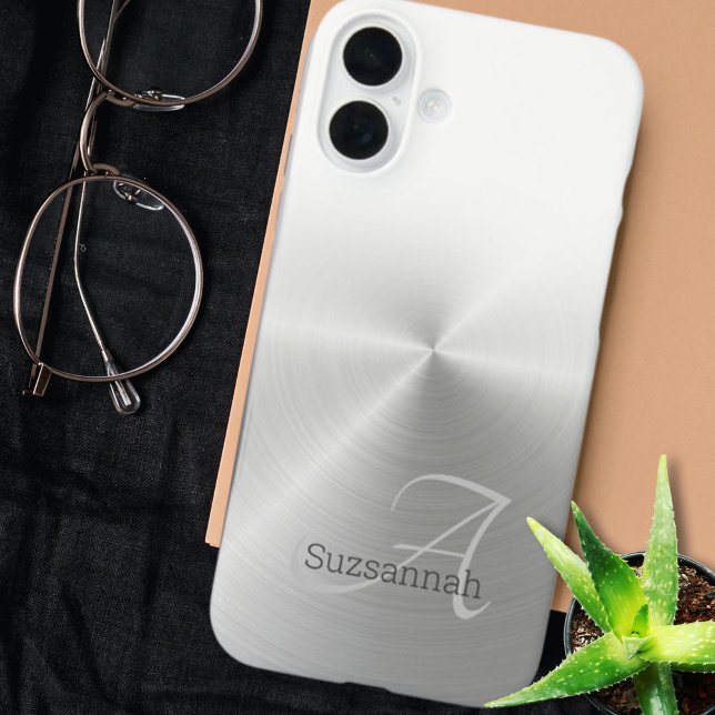 Elegant Monogram Name White Ombre Faux Metal Case-Mate iPhone Case (Phone case back cover brushed faux metal monogram and name template)