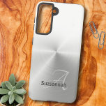 Elegant Monogram Name White Ombre Faux Metal Samsung Galaxy Case<br><div class="desc">This design features a white ombre background over faux metal with grey script initial letter monogram and name. Personalize the text fields, remove any or all text or edit using the design tool to select a font style, size, and colour you like. You can also add this design, where it...</div>