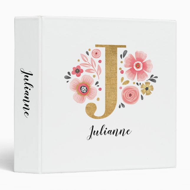 Elegant Monogram Name White Pink Floral Script Binder (Front/Spine)