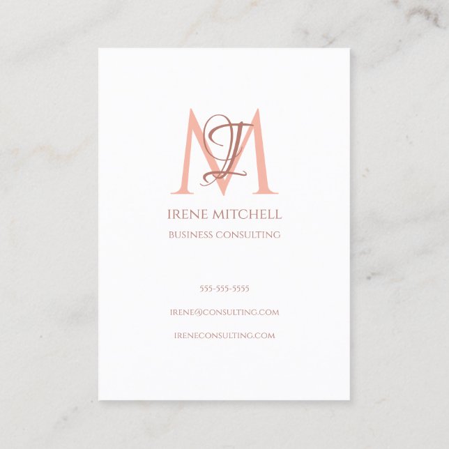 Elegant Monogram Name White Rose Gold Business Card (Back)
