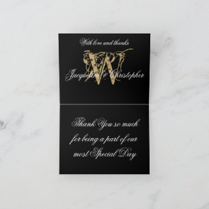 Elegant Monogram Names Black Gold Wedding Folded  Thank You Card