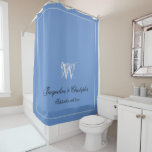 Elegant Monogram & Names Light Blue Grey Black<br><div class="desc">Makes a lovely wedding gift. Elegant Monogram & Names Light Blue Grey Black Shower Curtain. Elegant personalized light blue and light grey monogrammed Shower Curtain. Cool classic script for the monogram initial, the names of the bride and groom and the wedding date on a light blue background. Lovely useful gift...</div>