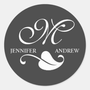 Elegant Monogram Names Wedding Stickers Charcoal