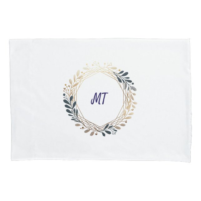 Elegant Monogram Navy and Gold Wreath  Pillowcase (Front)