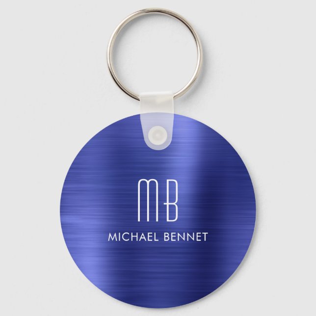 Elegant Monogram Navy Blue Faux Brushed Metal Keychain (Front)