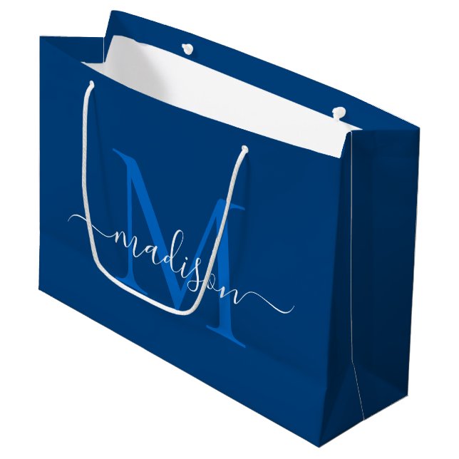 Elegant Monogram Navy Blue Girly Elegant Script Large Gift Bag (Front Angled)