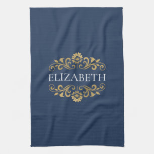 Elegant Monogram Navy Blue Gold Kitchen Towel