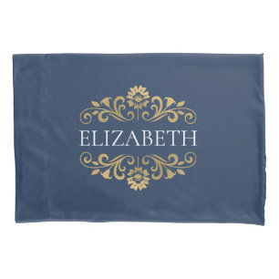 Elegant Monogram Navy Blue Gold Pillow Case