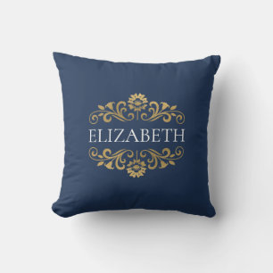 Elegant Monogram Navy Blue Gold Throw Pillow