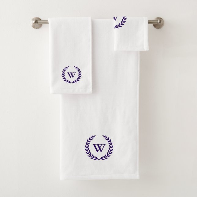 Elegant Monogram Navy Blue On White Towel Set (Insitu)