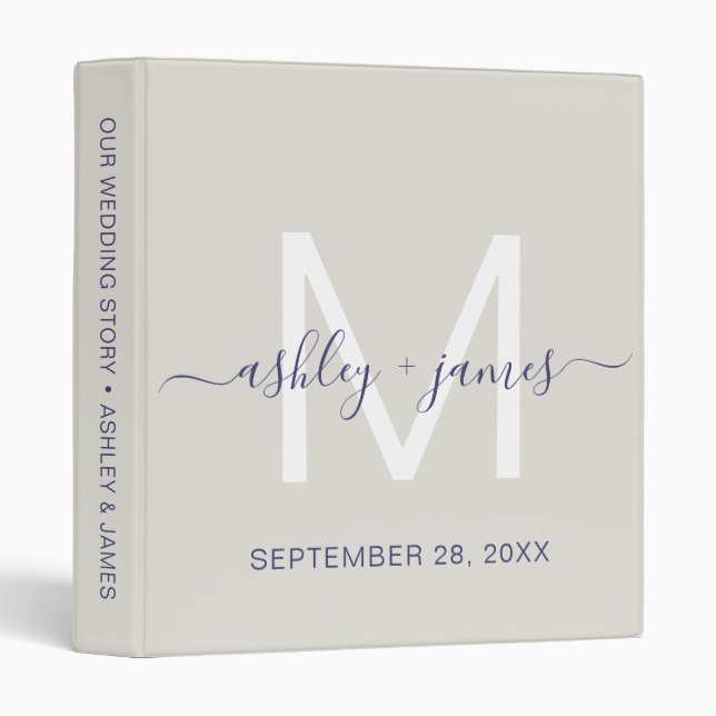 Elegant Monogram Navy Blue Script Gray Wedding Binder (Front/Spine)