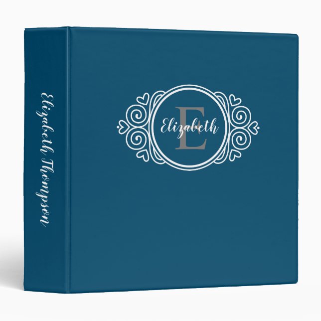 Elegant Monogram Navy Blue Script Name Initial Binder (Front/Spine)