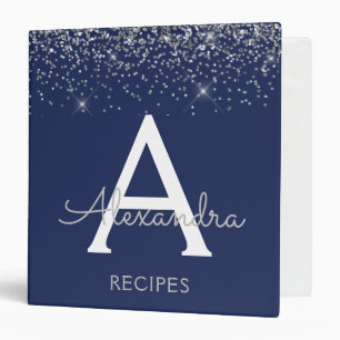 Elegant Monogram Navy Blue Silver Script Glitter Binder