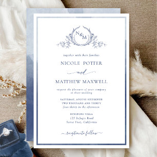 Elegant Monogram Navy Blue Watercolor Wedding Invitation
