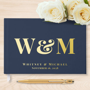 Elegant Monogram Navy Blue Wedding Guest Book