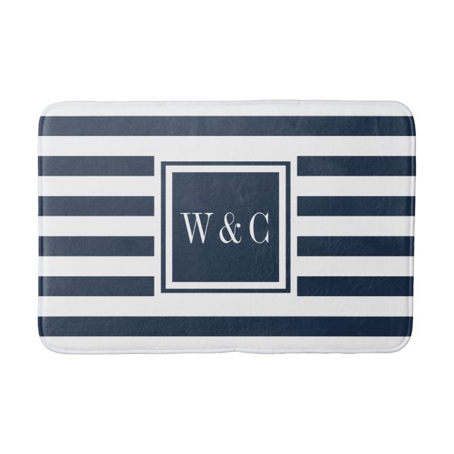 Elegant Monogram Navy Blue White Stripe Bath Mat (Front)