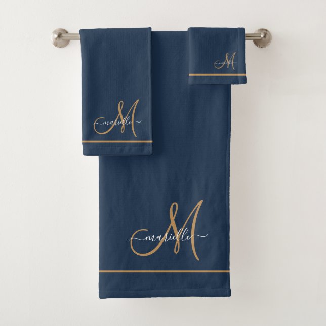 Elegant Monogram Navy Gold Script Name  Bath Towel Set (Insitu)
